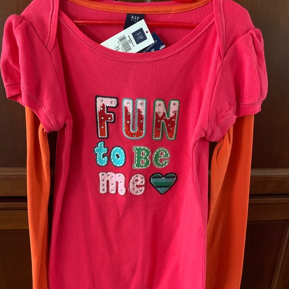 Gap redish fuschia pink cotton top orange long sleeves fun slogan Girls Age 12 - Picture 2 of 4